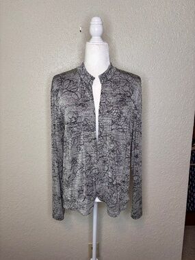 Chico's Size 2 Travelers Black Gray Floral Open Front Cardigan Women's Size L